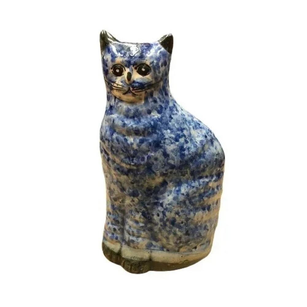Vintage Large Cat Ceramic Speckled Spongeware Figurine Blue white 8.5" Kitty